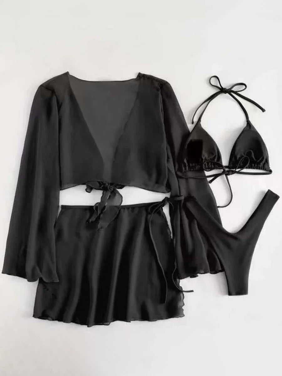 4 Pieces Thong Bikini 2026 Women With Top and Dress Black Swimwear Female Halter Swimsuit Beachwear Bathing Swimming Suit Summer