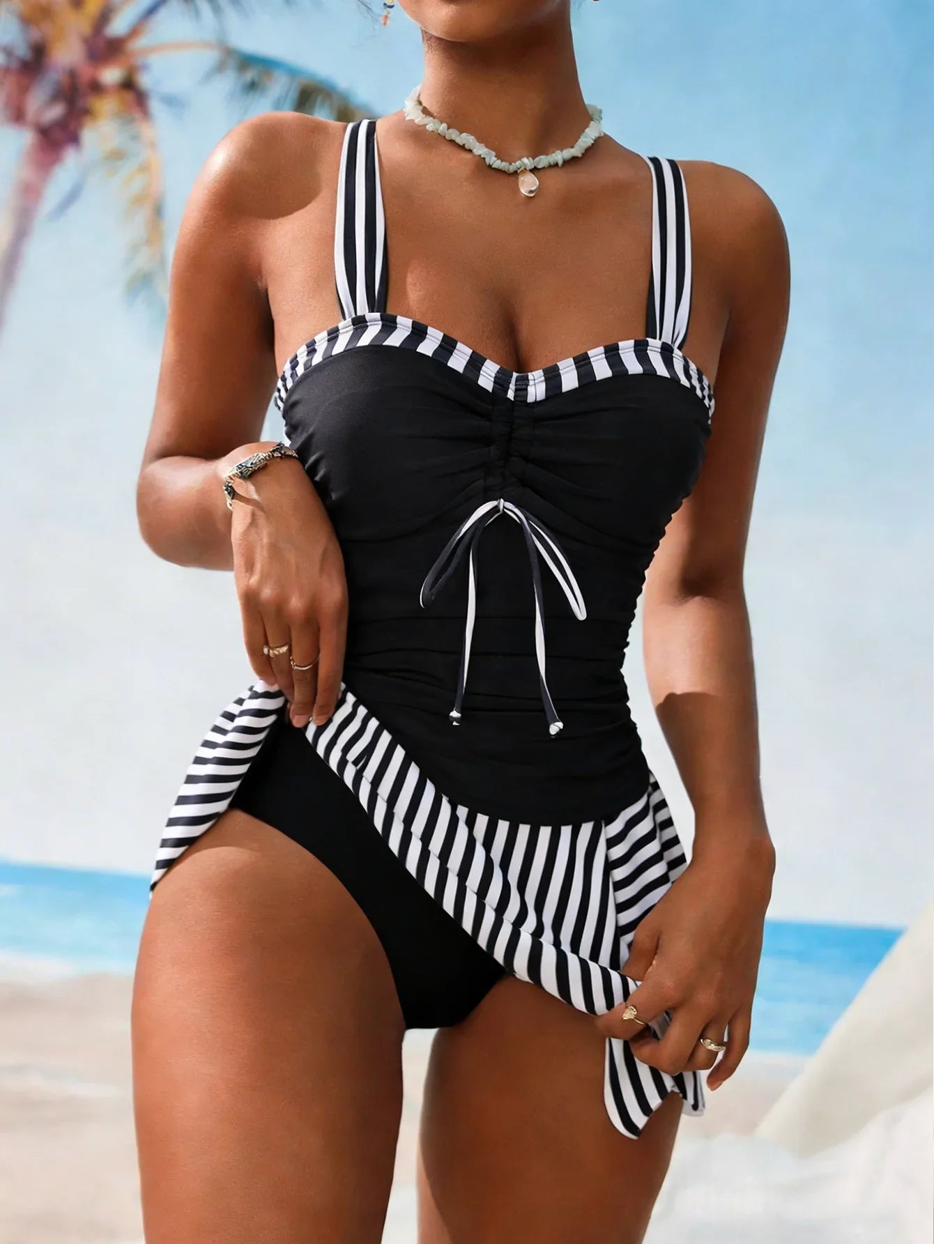 Vintage Black Striped Tankini Set 2026 Women Front Tie Pleate Skirt High Waist Two Piece Swimsuit Bathing Suit Holiday Swimwear