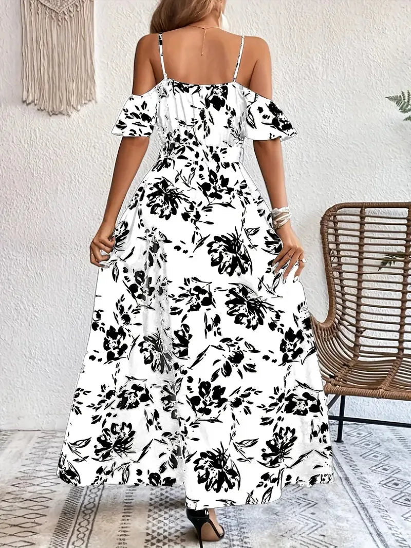 New Summer Women Print Dress 2025 Fashion Elegant  Vacation Party Short Sleeve Slim V-neck Slit Long Dresses Vestidos Para Mujer