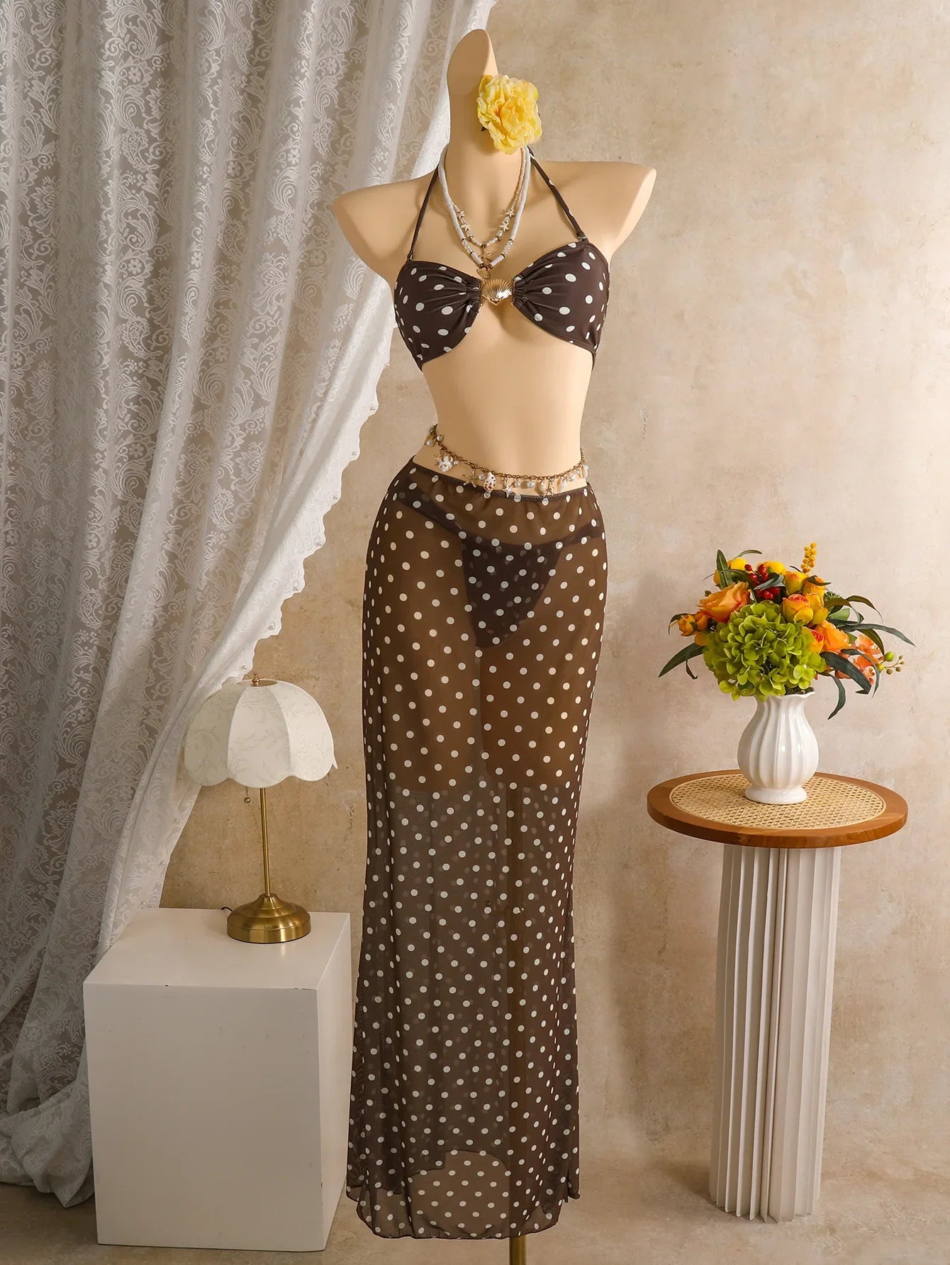 Polka Dots with Mesh Skirt Halter Shell Bikini Women Swimwear Female Swimsuit Three-pieces Bikini Set Bather Bathing Suit Swim