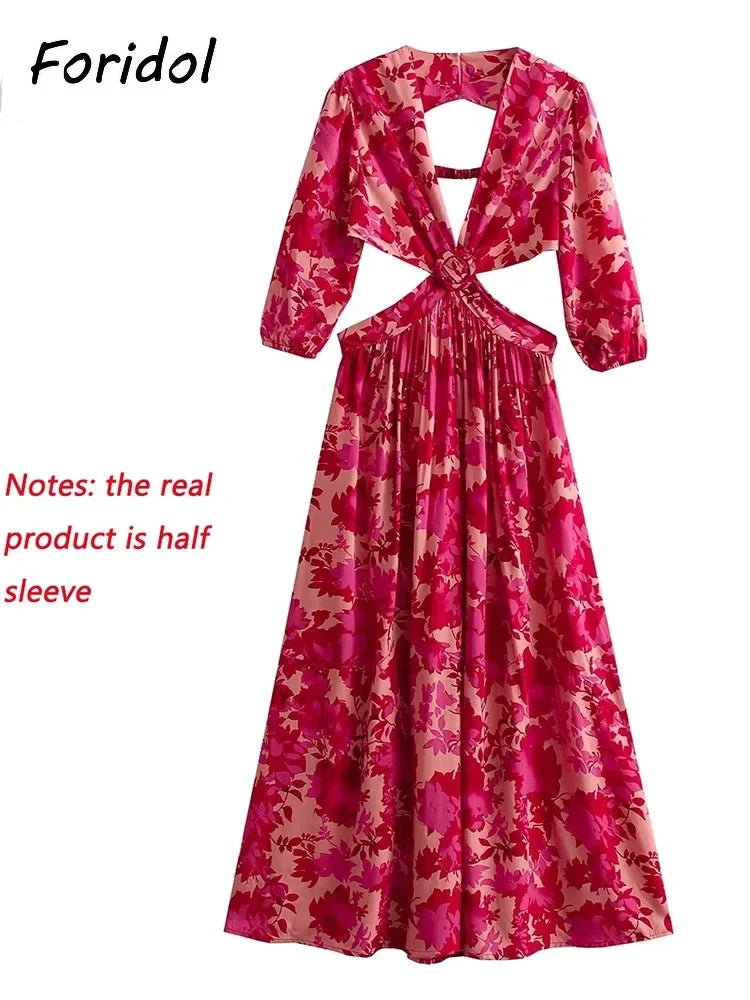 Waist Cut Out Backless Sexy Summer Maxi Dress Elegant Deep V Neck Holiday Long Dress Red Black Boho Floral Dress Women 2025