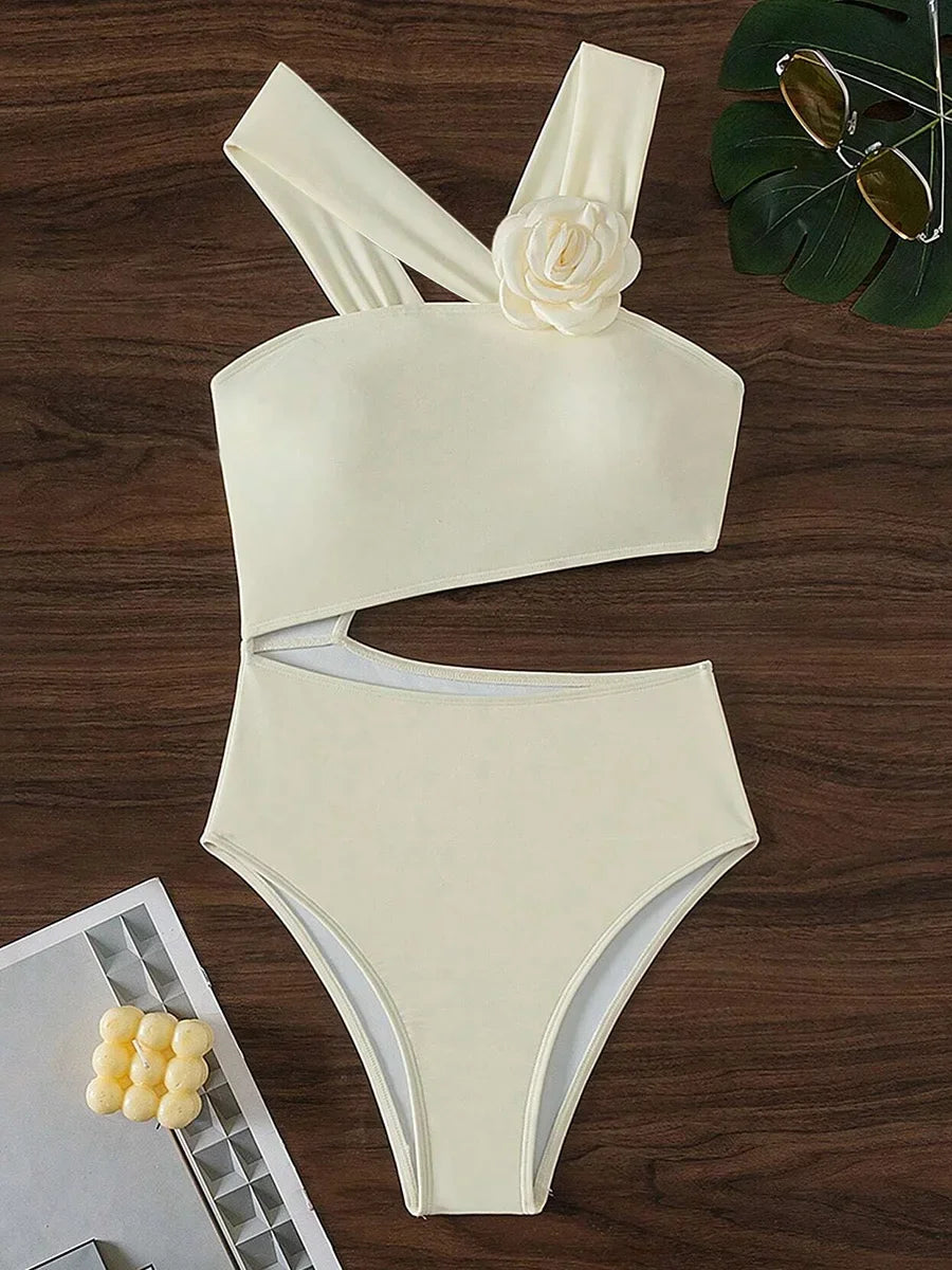 3D Flower Asymmetric Cut Out Women Swimwear One Piece Swimsuit Female High Cut Monokini High Waist Bathing Suit Swim Beachwear