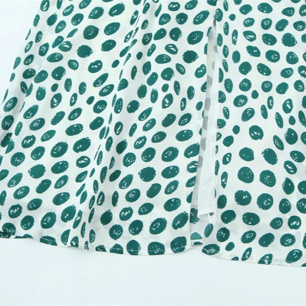 French Style Low-cut Polka Dot Print Camisole Dress For Women Sexy Side Slit Waist-cinching Mid-length Beach Dress Charming WYLB