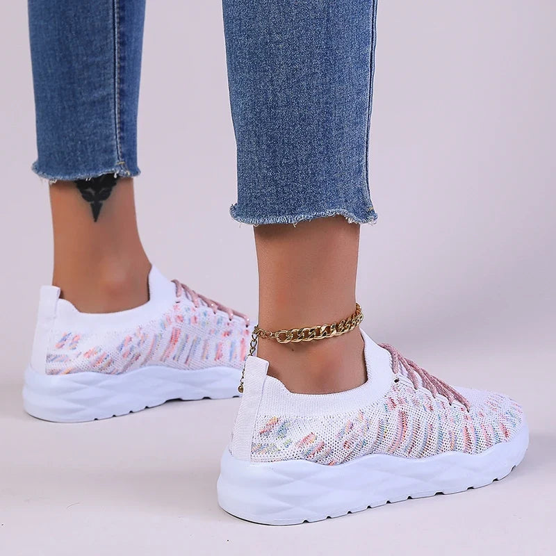 Mixed Color Knitted Platform Sneakers Women Spring Summer Casual Thick Sole Sports Shoes Woman Lace Up Non Slip Walking Shoes