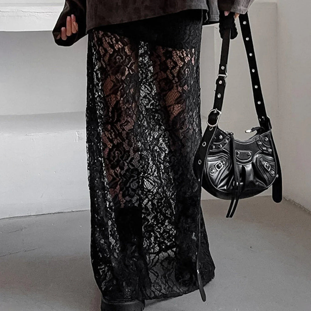 Women's Summer Lace Long Skirts Elegant Low Waist Solid Color See-Through Midi Skirts Slim Fit Skirts