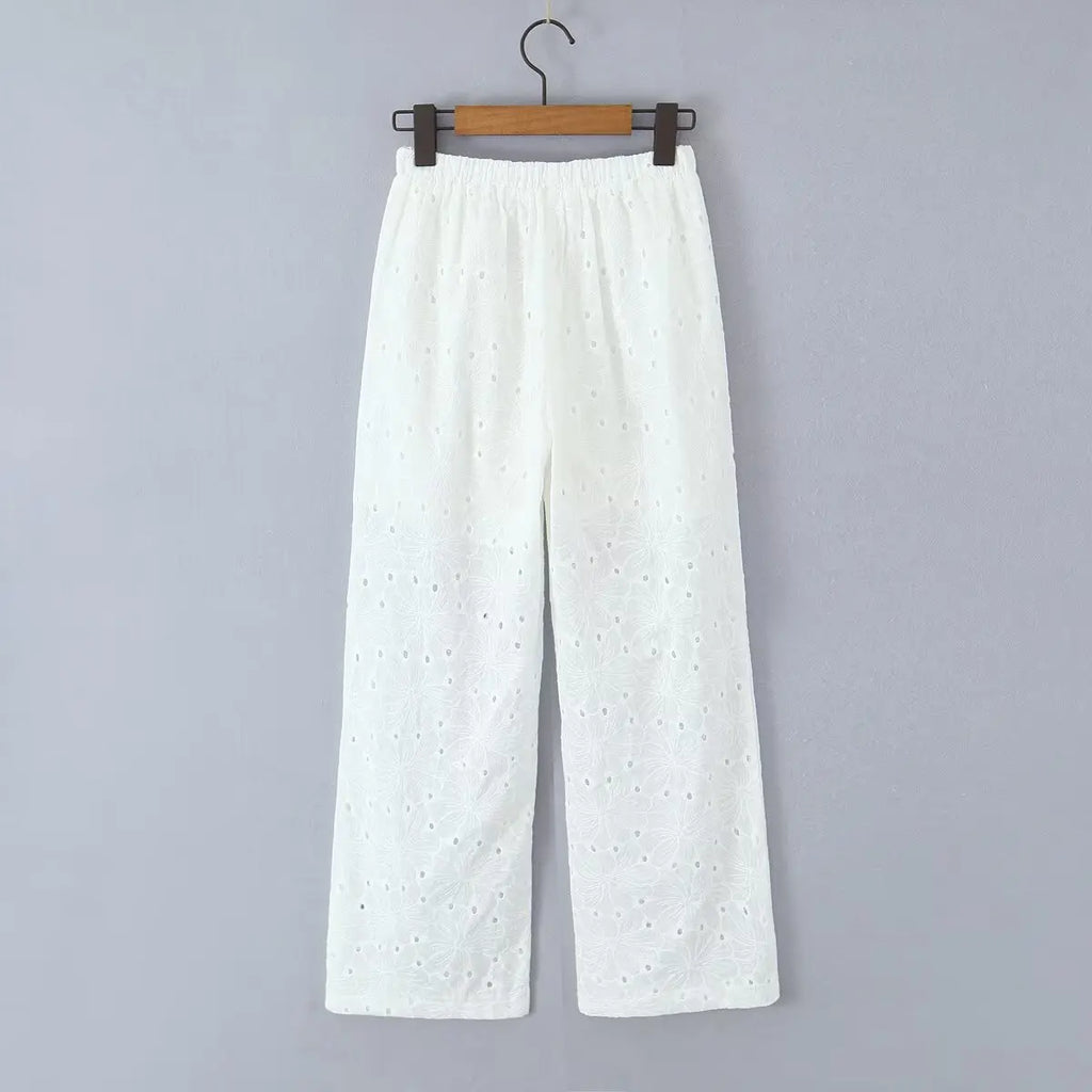 Foridol Hollow Out Cotton Women's 2 Pieces Set White Summer Pants Set Embroidery Top Pants Suit Matching Set Beach Casual Pants
