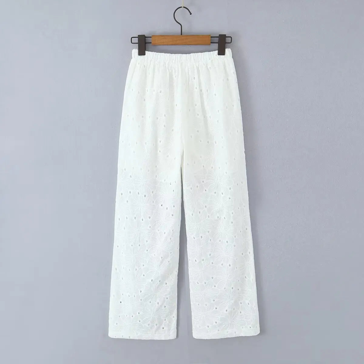 Foridol Hollow Out Cotton Women's 2 Pieces Set White Summer Pants Set Embroidery Top Pants Suit Matching Set Beach Casual Pants