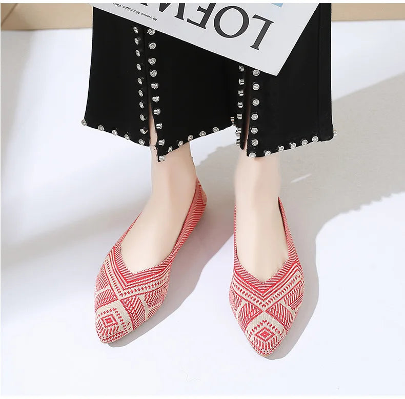 Elegant Leopard Knitted Ballet Flats Woman Pointed Toe Mesh Moccasins Ladies Fashion Walking Loafers Slip-on Soft Driving Shoes