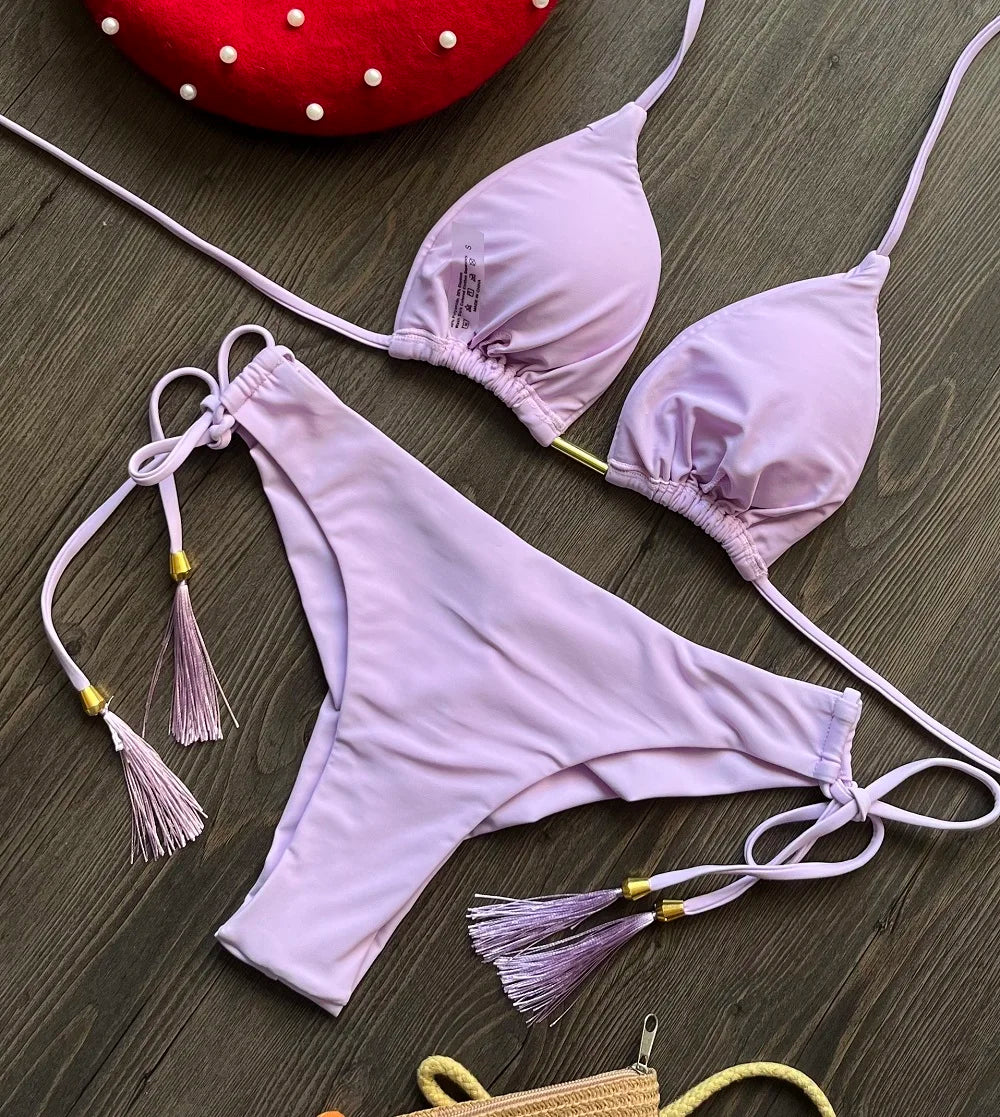 New Solid Color Bikini Set 2026 Women's Swimsuit Hanging Neck Rope Split Swimsuit 2-piece Set Summer Beachwear
