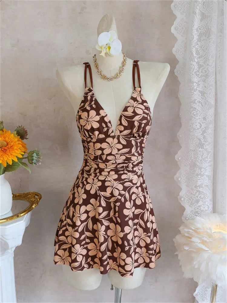 Vintage Coffee Floral Print Two Piece Swimsuit 2026 Women V Neck Slim Dress High Waist Short Swimsuit Beach Bathing Suit Bikini