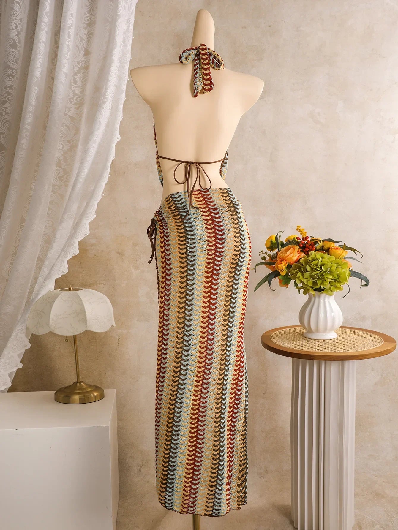 Bohemia Style Coffee Striped Bikini Set 2026 Women Cover Up+Long Skirt 4 Piece Swimsuit Summer Holiday Bathing Suit Swimwear