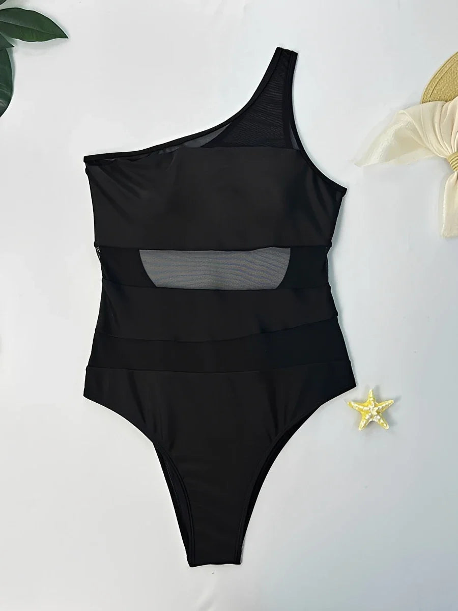 2026 Mesh Swimsuit Women One Piece Shoulder Padded Swimwear Female Sexy Bathers Bathing Swimming Swim Suit Beachwear XL