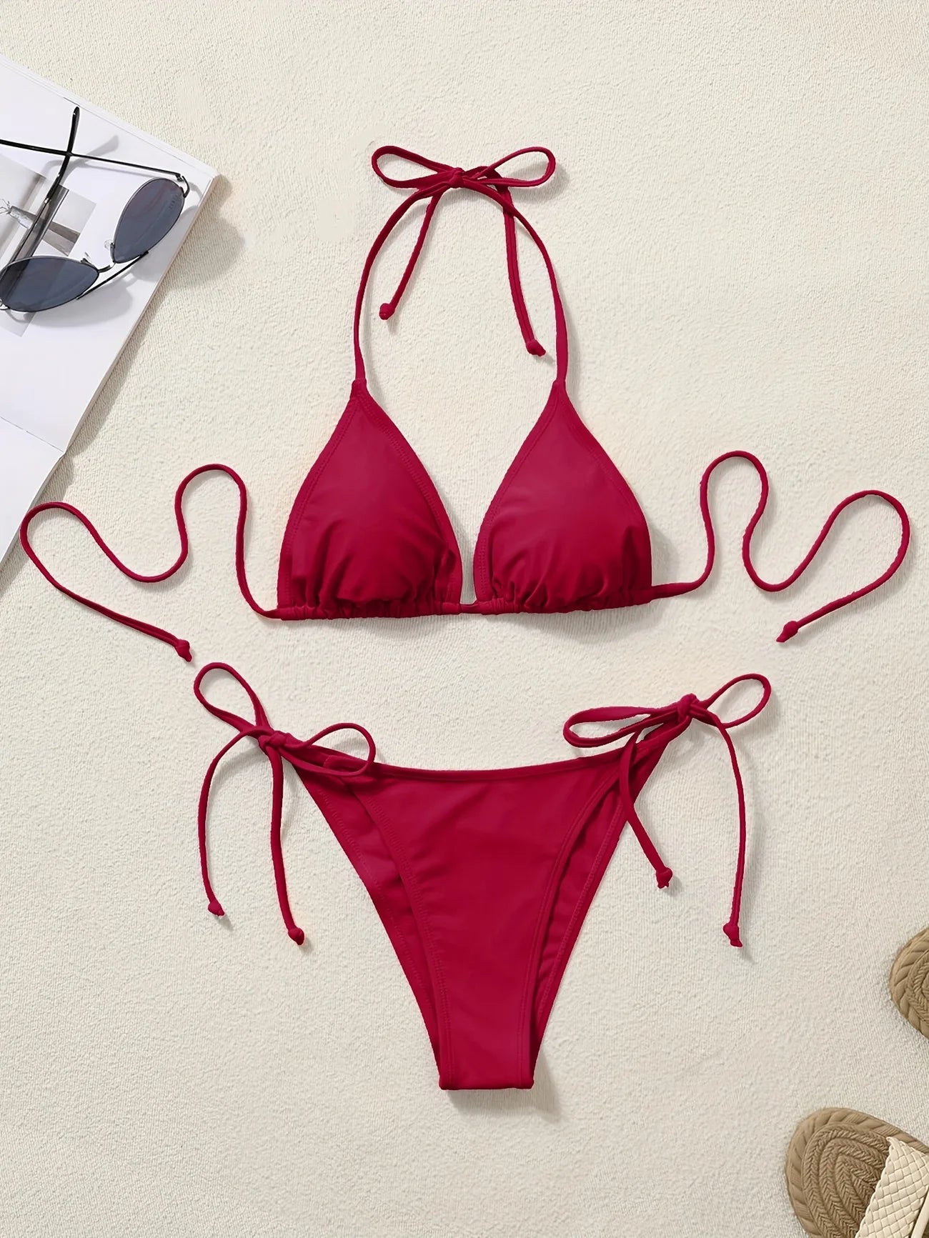 Women Bikini Set Solid Color Triangle Halter Neck Tie Side Two Piece Swimsuit Adjustable String Swimwear for Beach Vacation