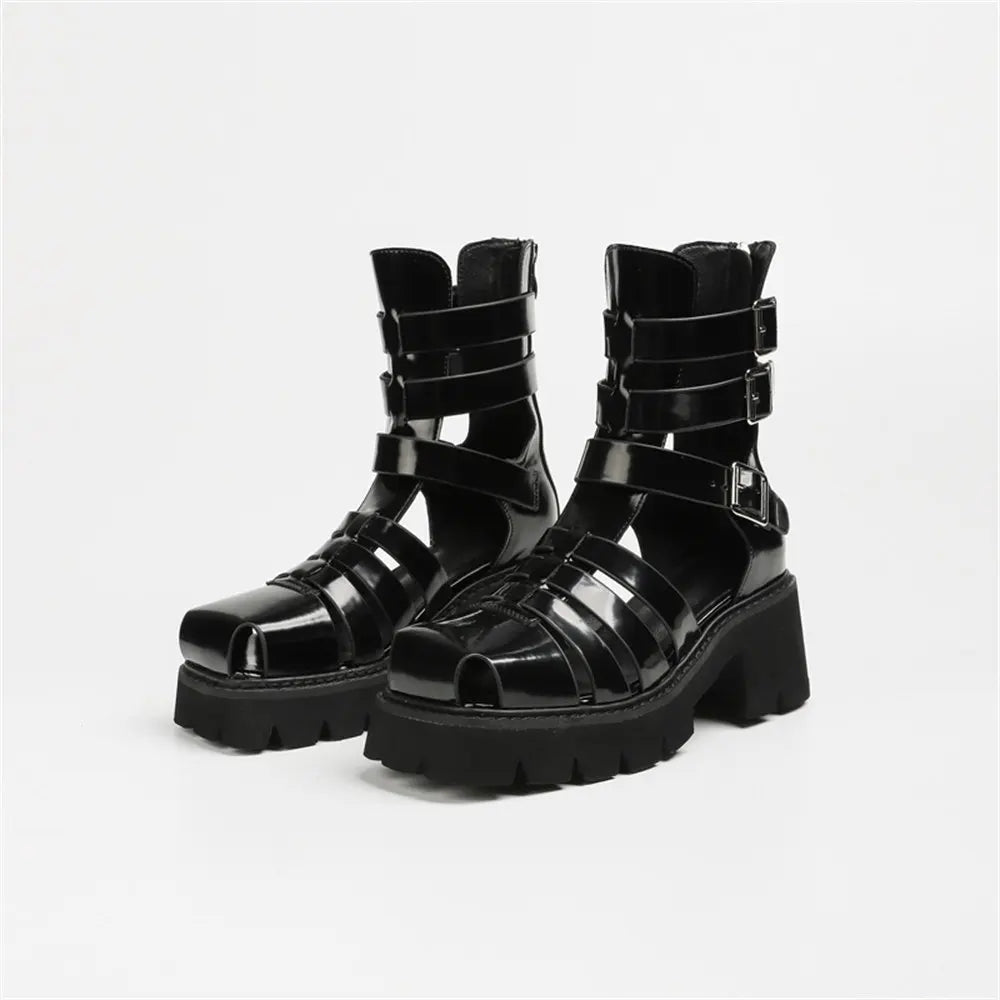 2025 Brand Fashion Women's Black Summer Gladiator Sandals Fashion Leisure Square Heels Casual Platform Shoes Big Size 43