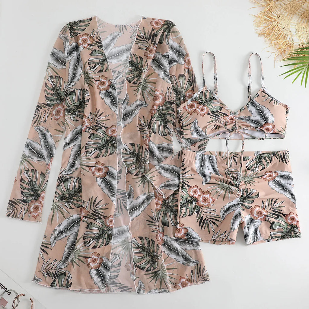 New Sexy 3 Pieces Suit for Women Neck Hanging Bikini Set+Cover-up Swimwear Sunproof Tankini High Waist Shorts Swimsuit Beachwear