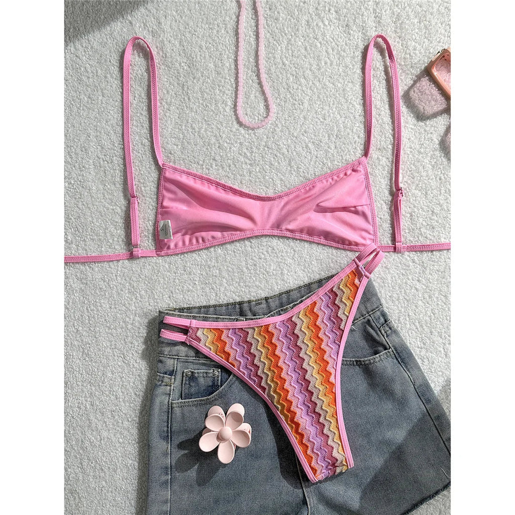 2026 Striped High Leg Cut Brazilian Bikini Female Swimsuit Women Swimwear Two-pieces Bikini set Bather Bathing Suit Swim V8216