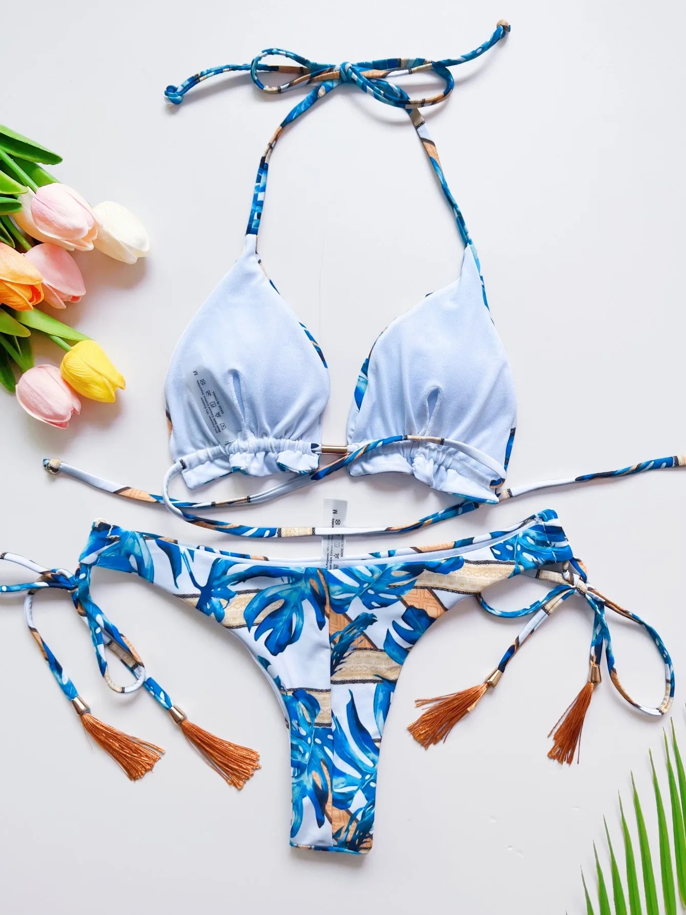 Sexy print women's bikini swimsuit split set with straps and tassels 2-piece set for summer beach swimsuit