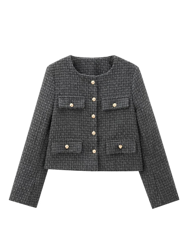 Foridol Tweed Knitted Dark Grey Blazer Coat Women Autumn Winter Gingham Short Coat Office Lady Vintage Buttons Veste