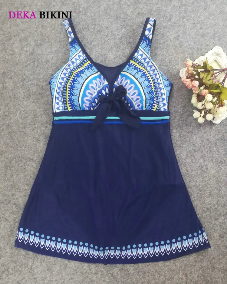 DEKA Vintage Deep V Swimwear Women Plus Size Bikini One Piece Swimsuit with Skirt Female Swim Dress Bather Beach Suit Large Size