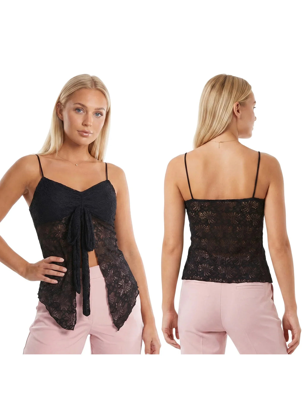 Women’s Solid Color Lace Halter Tank Tops Summer Fashionable Spaghetti Strap Handkerchief Hem Sheer Camis Tops