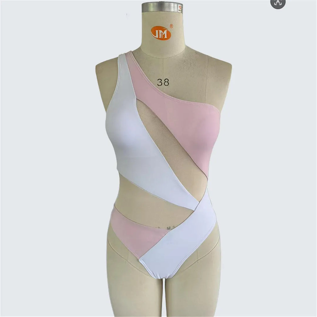 S - XXL New Splicing One Shoulder See Through Mesh Sheer One Piece Swimsuit Women Swimwear Female Bather Bathing Suit Swim K7475