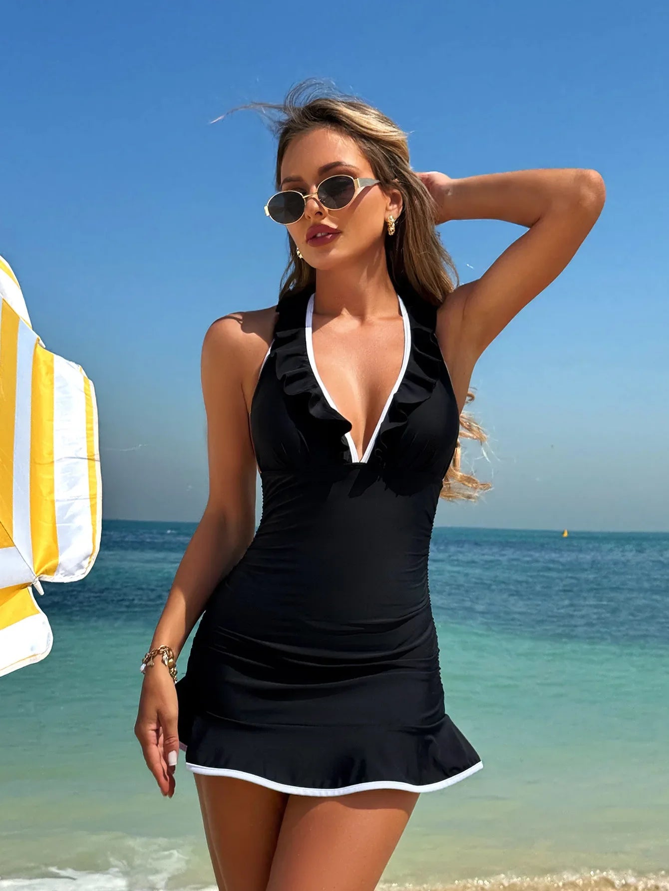Women White Black Patchwork Bikini Set Ruffles V Neck Tank Top High Waist Short Two Piece Swimsuit 2026 Bathing Suits Swimwear