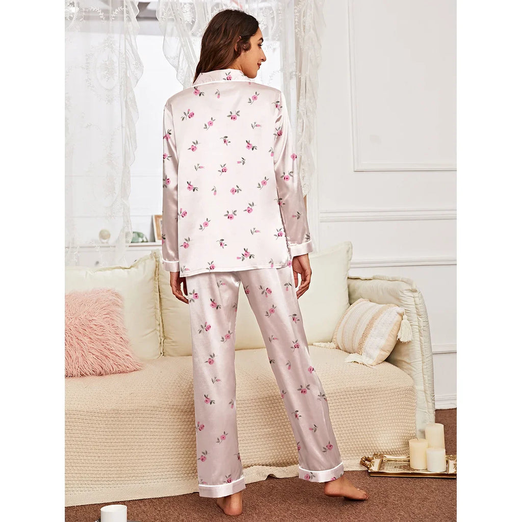 Spring and autumn long-sleeved trousers cardigan home wear set imitation silk women's pajamas can be worn outside