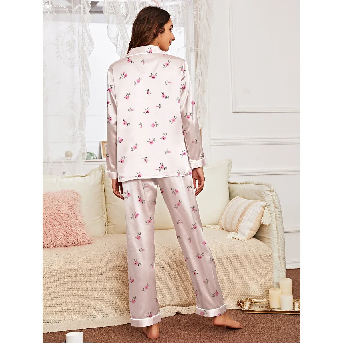 Spring and autumn long-sleeved trousers cardigan home wear set imitation silk women's pajamas can be worn outside