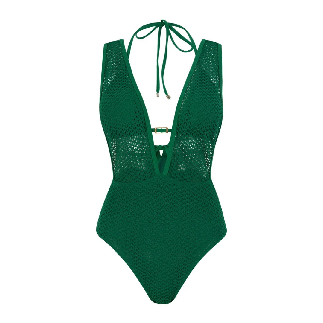 S - XL Deep V Neck Knit Fish Net Mesh Women Swimwear One Piece Swimsuit Female Monokini Backless Bather Bathing Suit Swim V7832
