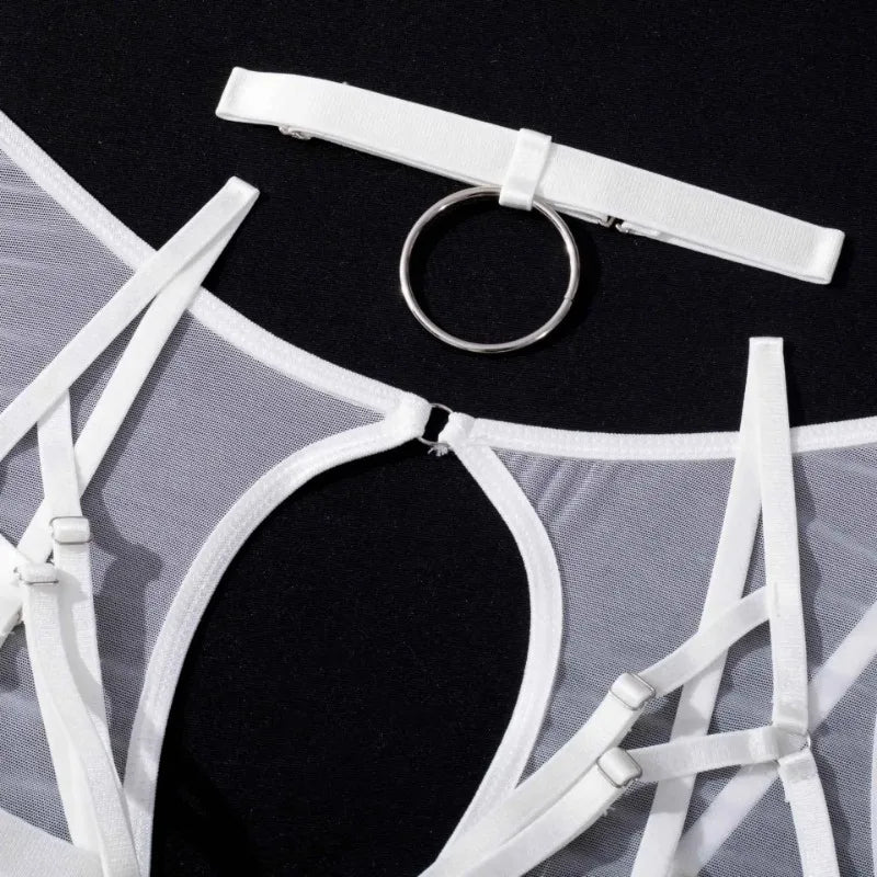 Toucheart 5-Pieces Erotic Lingerie Sexy Hip Skirt For Women Mesh Patchwork Hollow Out See-Through Lure Garters Underwear Suit