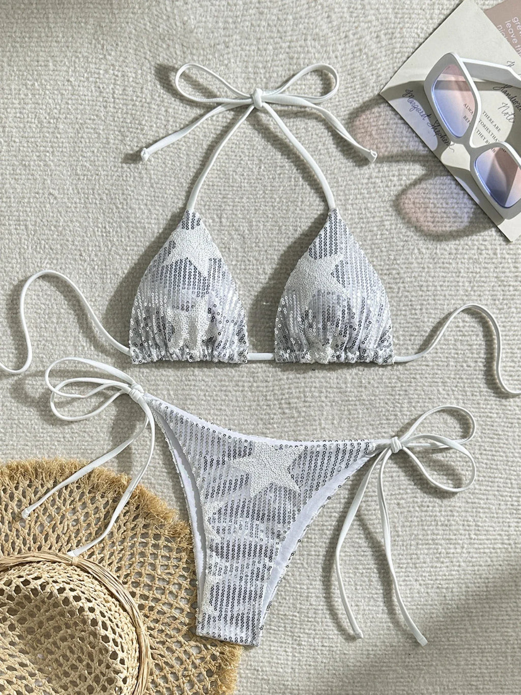Shiny Star Sequin Split Bikini Set for Women 2025 Summer Push Up 2 Piece Swimsuit V-neck Beach Vacation Bathing Suit Swimwear