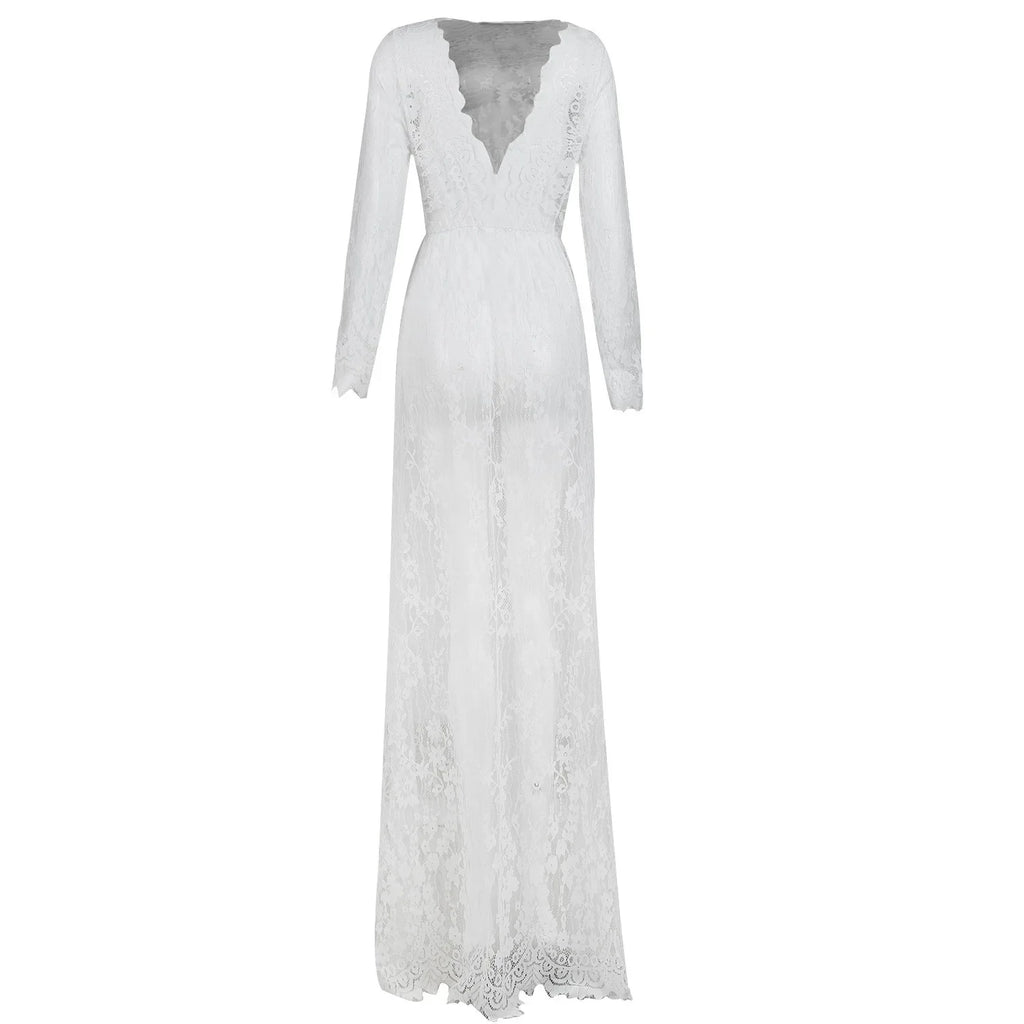 Sexy See Through Lace Long Dresses For Women Deep V-neck Solid Color Maxi Dress Fashion Streetwear Party Night Club Vestidos New