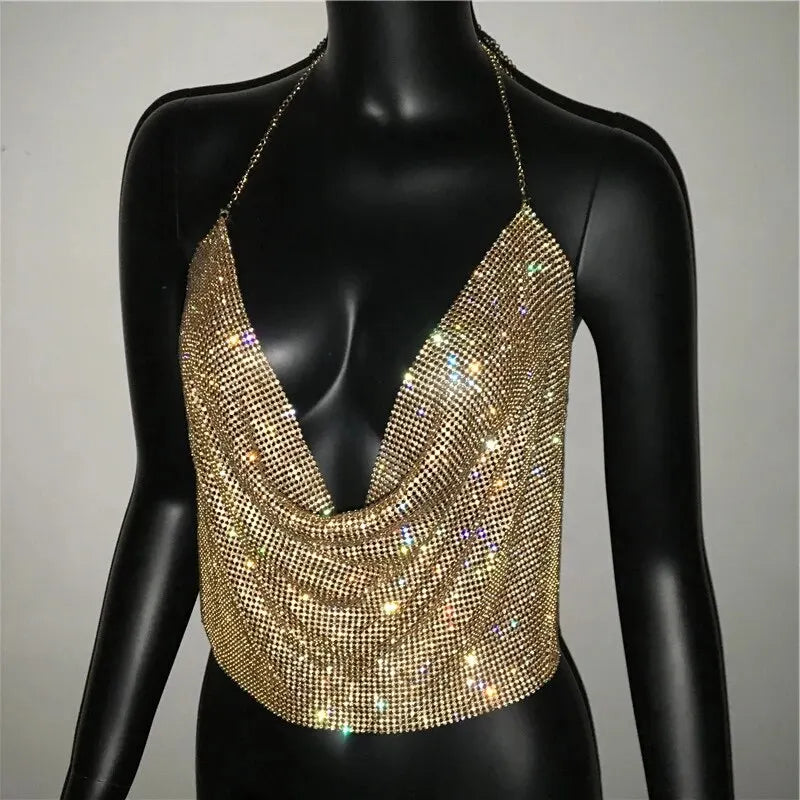 Festival Brilliant Rhinestone Backless Party Crop Top Women 2025 Summer Glitter Evening V Neck Diamonds Metal Tank Tops