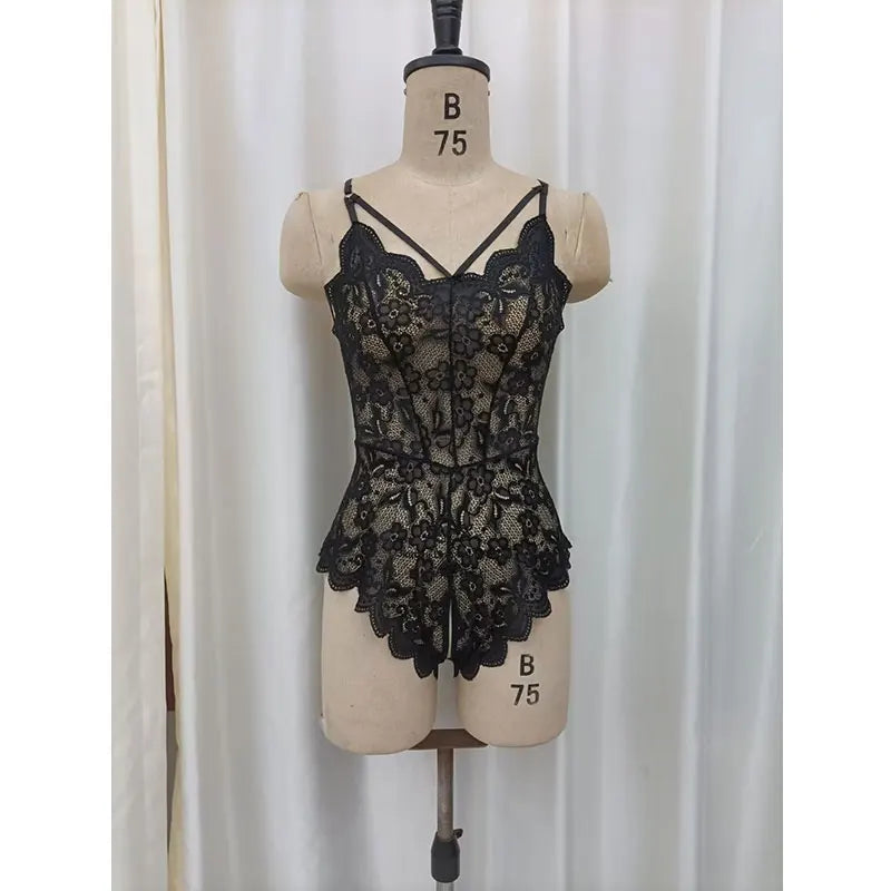 Sexy Crotchless Black Underwear Women Lace Hollow Bra Set Erotic Costume Teddy Baby Doll Dress Deep V Open Bra Porn Lingerie Set