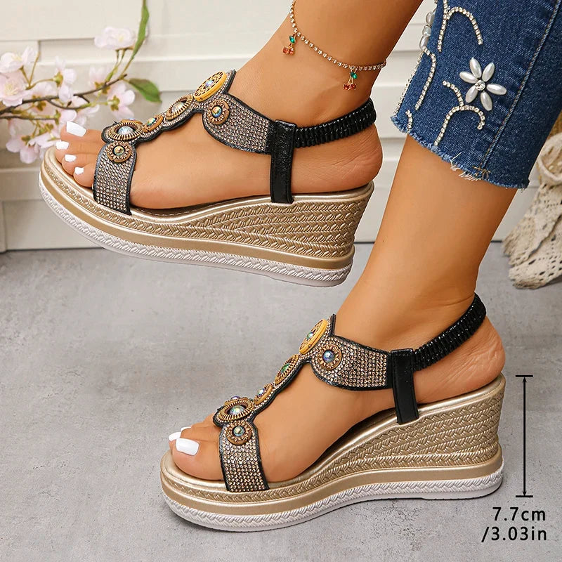 Fashion Crystals Wedges Heel Sandals Women Summer Chunky Platform Bohemian Sandalias Mujer Slip On High Heels Sandles Female 43