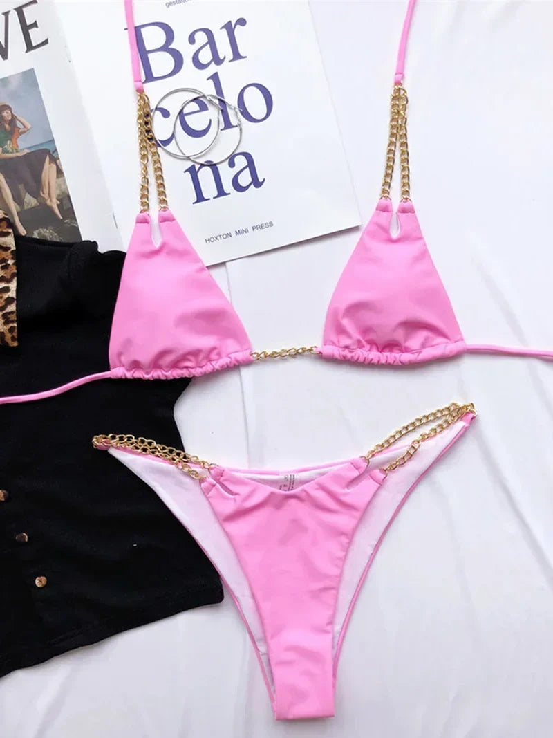 Sexy Cow Print Halter Metal Chains Brazilian Bikini Women Swimsuit Female Swimwear Two Pieces Bikini Set Bathing Suit Swim Lady