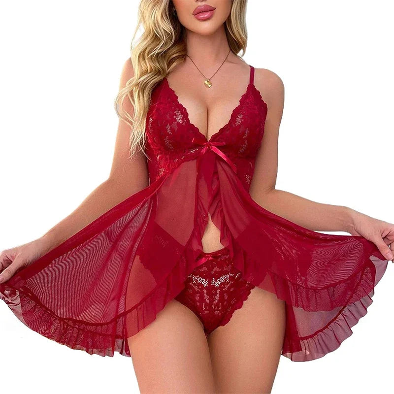Floral Lace Split Sexy Babydoll Semi-sheer Deep V Bow Ruffle Dress And Panties Underwear Sets Women's Erotic Lingerie Nightgown