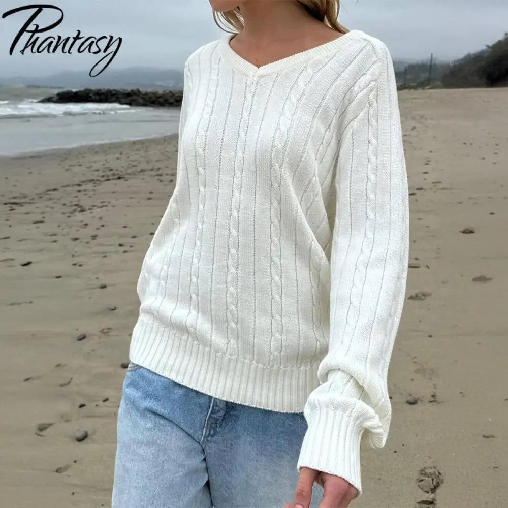 Phantasy Retro Solid Color Sweater Winter Women's V-Neck Casual Simple Loose Knit Sweater Trendy Spring Autumn Winter Sweater