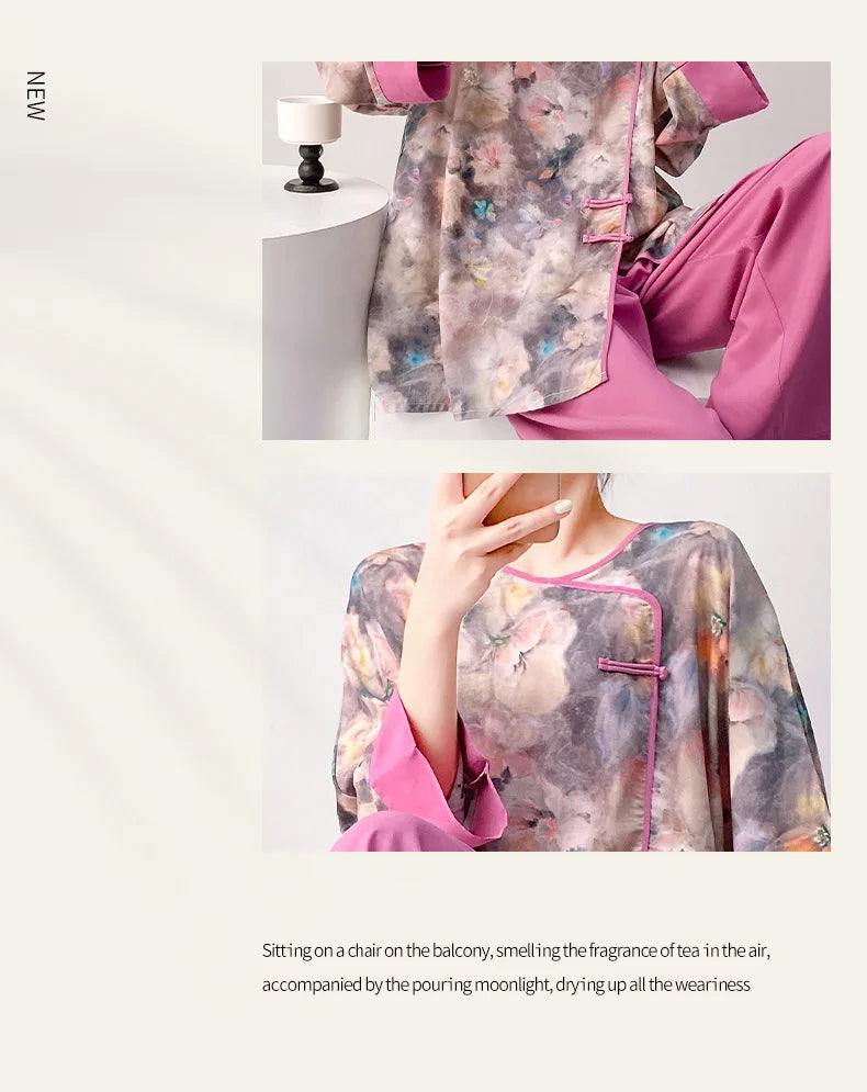 Plus size mother's cotton silk pajamas spring and summer new Chinese style can be worn outside home clothes Mother's Day gift