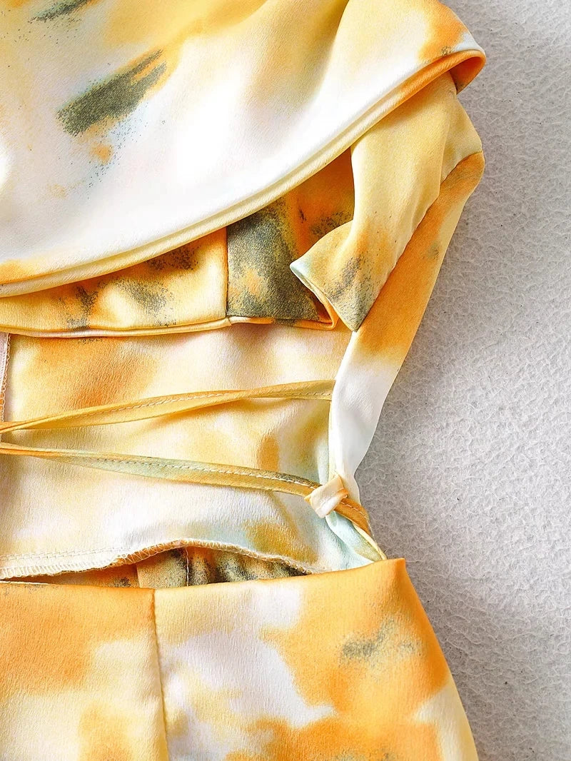 Foridol Waist Cut Out Criss Cross Sexy Summer Tie-dyed Midi Dress Ladies Elegant Beach Boho Slip Long Dress Sleeveless Sundress