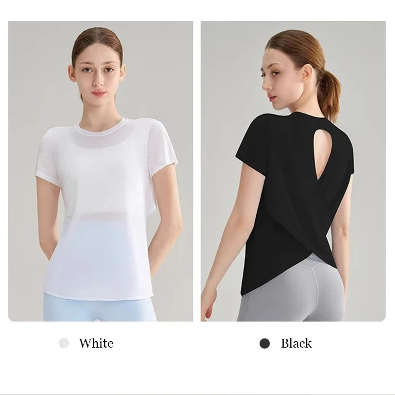 Women's Quick Drying Hollow out Back Sports T-Shirt Yoga Suit Top Short Sleeve Fitness Cover up