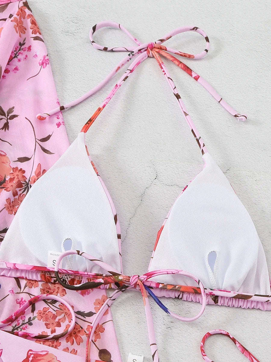 3 Pieces Printed Halter String Bikini 2026 Women & Kimono Swimwear Female Swimsuit Beachwear Bathers Bathing Swimming Swim Suit