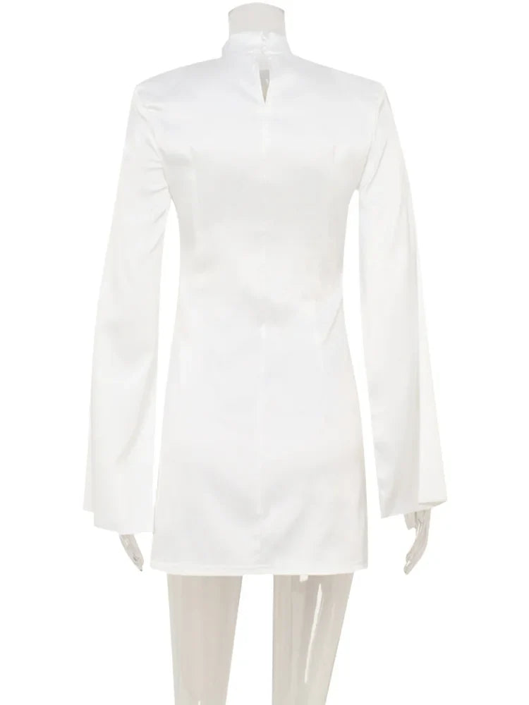 Ahagaga Eelgant Mini Dresses For Women Solid Long Flare Sleeves Turtleneck Sheath Satin Fashion Split Party Slim Fit Female Robe