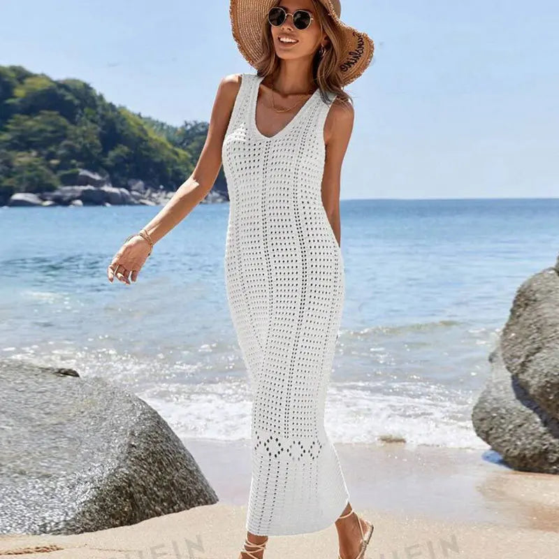 S - XL 2025 V Neck Hollow Out Crochet Knitted Tunic Beach Cover Up Long Cover-ups Beach Dress Beach Wear Beachwear Female Women