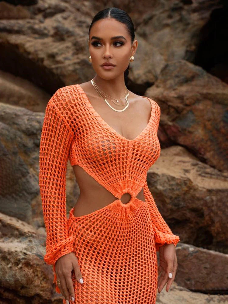 DEKA New Sexy Knit Mesh Cut Out Deep V Neck Long-sleeve Lace-up Fringe Tunic Summer Women Swimsuit Cover-ups Beach Maxi Dress