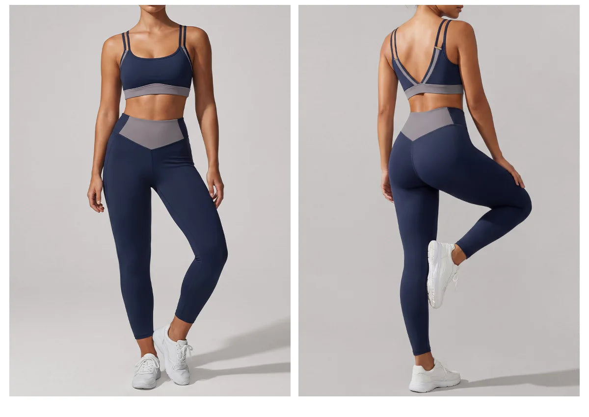 Summer Color-block Yoga Sets Women Thin Strap Open Back Shockproof Sports Bra Tight High Waist Leggings Training Fitness Suits