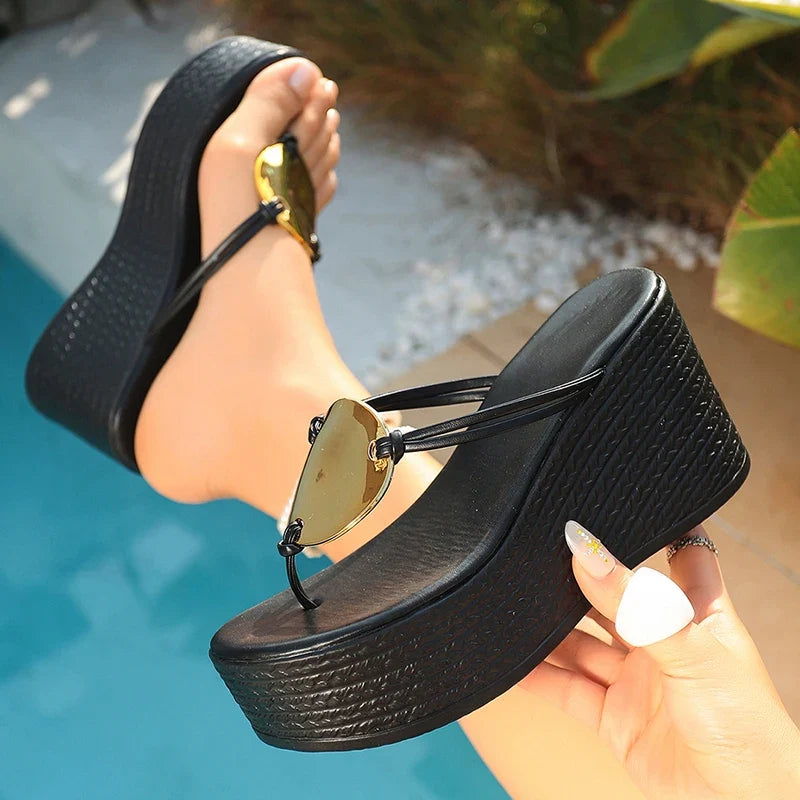 Gold Chunky Platform Flip Flops Women Summer Clip Toe Wedge High Heel Sandals Woman Plus Size 43 Non Slip Thick Bottom Sandles
