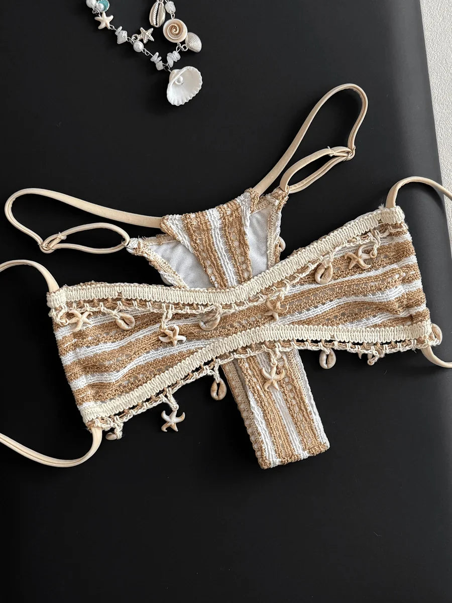 Striped Shell Fishnet Bandeau Bikini Women Swimsuit Female Swimwear Two Pieces Bikini Set Mini Micro Thong Bathing Suit Swim