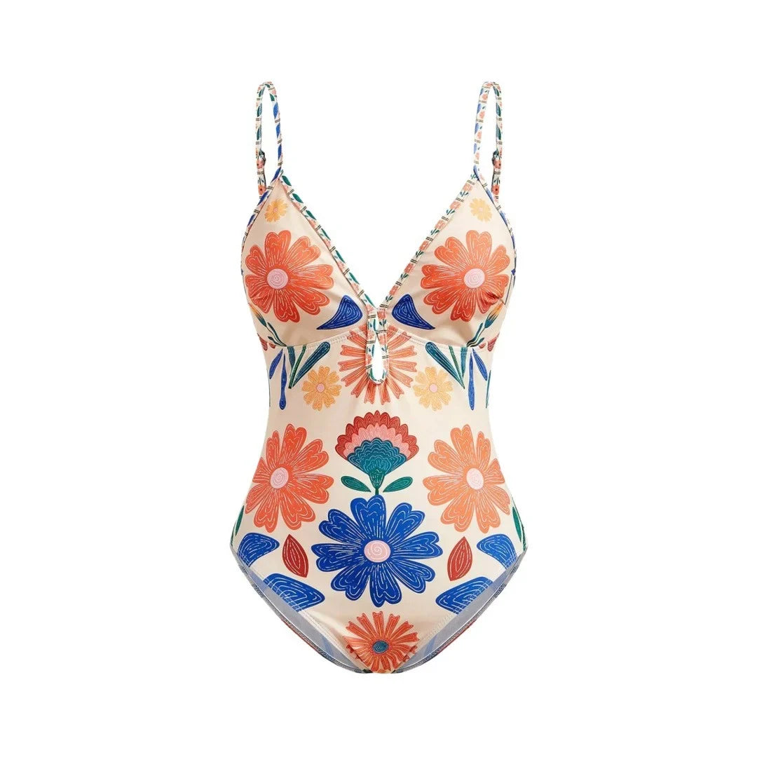 S - XL New Floral Printed With Skirt Women Swimwear V Neck High Leg Cut Bather Bathing Suit Swim One Piece Swimsuit Female K8041