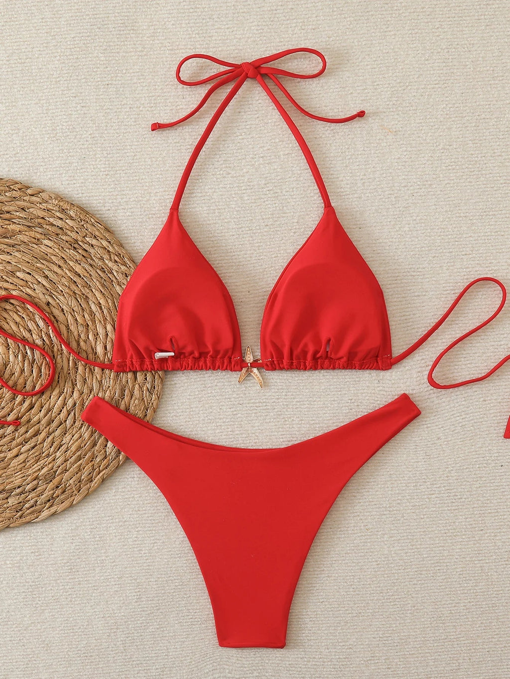 Halter Triangle String Bikinis 2026 Women Sexy Swimsuit Solid Starfish Swimwear Female Bathers Bathing Swimming Swim Suit